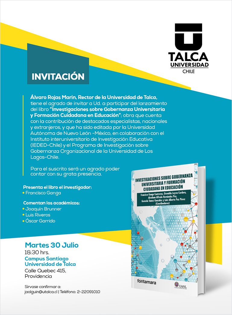 Invitación Lanzamiento Libro Gobernanza Universitaria 30. julio.2019 Campus Santiago e1564160687979