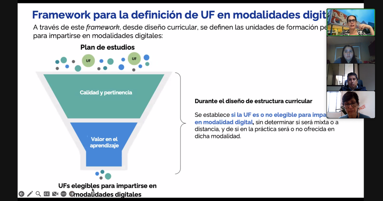 Rafaela Diegoli, Vicerrectora Académica del Instituto Tecnológico y de Estudios Superiores de Monterrey, presentó el marco que la institución ha trabajado para definir qué contenidos se puede ofrecer de manera digital.